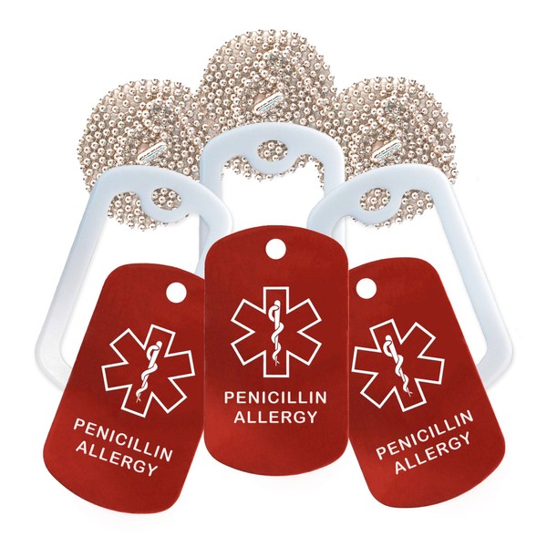 Penicillin Allergy Medical Alert ID Necklace - 3 Pack - Red Tag, White Silencer, and 30'' USA Chain - 154 Colors Choices