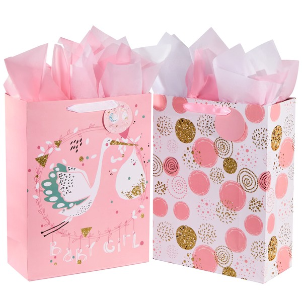 SUNCOLOR 16.5" Extra Large Gift Bags for Baby Shower with Tissue Paper(2 Pack, Baby Girl)