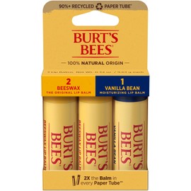 Burt's Bees Bálsamo Labial Hidratante, 2 Cera de Abeja Original y 1 Vainilla, 100% Origen Natural, 0.34 Onzas Cada Uno, 3 Tubos de Papel, El Paquete Puede Variar