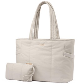 LOVEVOOK Laptop Bag for Women, Lightweight Puffy Work Tote Bag with Clutch Purse, 15.6 Inch Computer Briefcase Bag for Women, Casual Handbag for Travel College, Beige