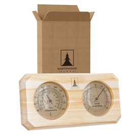 Northwood Sauna - Sauna Thermometer and Hygrometer 2 in 1 - Fahrenheit & Celsius - Handmade from Finnish Pine Wood - Luxurious Golden Metal Dials