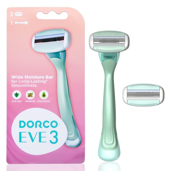 Dorco EVE3 Razors for Women for Extra Smooth Shaving (1 Razor Handle, 2 Pcs Razor Blade Refills), 3 Curved Blades with Flexible Moisture Bar, Womens Razors for Shaving with Aloe Vera Moisture Bar, Interchangeable Cartridge for Sensitive Skin, Mothers Day Gift