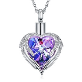 shajwo Cremation Jewelry Angel Wing Heart Urn Necklace for Ashes for Women Memorial Human Pet Ashes Pendant,Silver-Purple