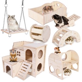Hamster Toy House Hamster Cage Accessories: 7 Pieces DIY Wooden Hamster Chew Toy, Guinea Pig Toy, Hamster Wheel Bridge Swing Hamster House for Gerbils, Rats, Dwarf Hamsters, Chinchilla