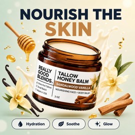 Really Good Blends - Tallow Honey Balm, Organic Body Butter, Grass-Fed Beef Tallow for Skin, Soothing All-Natural Moisturizer for Body and Face | Made in USA - 2 oz (Sandalwood Vanilla)