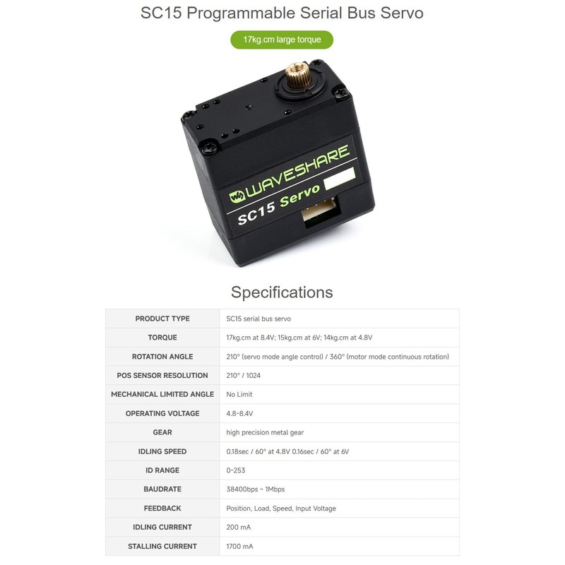 Waveshare SC15 17kg Large Torque Programmable Serial Bus Servo 17kg.cm