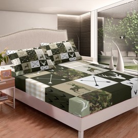 Camo Deer Antlers Kids Fitted Sheet Twin Size,Animal Arrow Silhouette Bedding Set,Girls Boys Adults Bedroom/Xmas Decor,Lattice Patchwork Bed Cover,Boho Army Green Bed Sheet,2pcs,1 Pillowcase