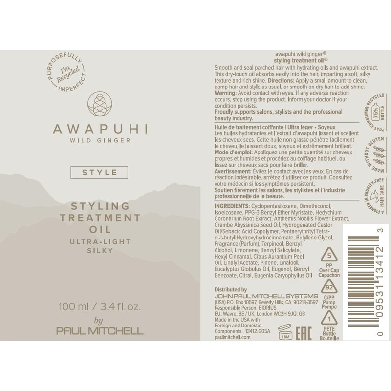 Awapuhi Wild Ginger by Paul Mitchell Styling Treatment Oil, Dry-Touch,