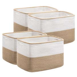 UBBCARE 4 Pack Baskets for Organizing, Woven Storage Baskets for Toys and Towel, Rectangle Cotton Rope Basket with Handles, 15''L x10''W x9''H, Brown