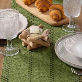 MLMW Boho Table Runner 60 inches Farmhouse Rustic Home Decor Olive Green Dining Table Centerpiece Macrame Woven Dresser Runner for Spring Living Room Dining Room Bedroom