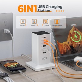 USB Charging Station for Multiple Devices 30 W, Tower Multi USB C Charger Block with 6 USB Ports, 15 W USB C Hub with 5 Ft Extension Cord, Charging Dock for Phone, Desktop Home Office Desk Accessories