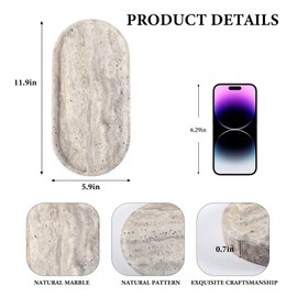 Koville Natural Travertine Tray for Bathroom Countertop, 12"x6" Vanity Decorative Marble Tray for Perfume, Candles, Jewelry, Stone Catchall Trays Jewelry Dish, Silver Stone Trays for Kitchen Counter