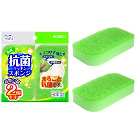 Kikulon Kitchen Sponge Antibacterial Green 2-Piece Set Sponge and Non-Woven Fabric Both Sides Fully Antibacterial Green Leaf Shape Easy to Wash Made in Japan Klean