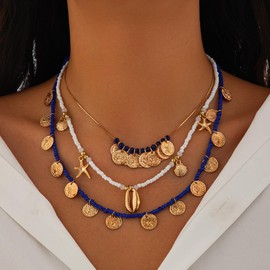 yuruyi Layered Necklaces for Women. Silver/Gold Plated Alloy Stacking Dainty Adjustable Choker Pendant Necklace Trendy Rhinestone Chunky Chain Link for Women (Shell)