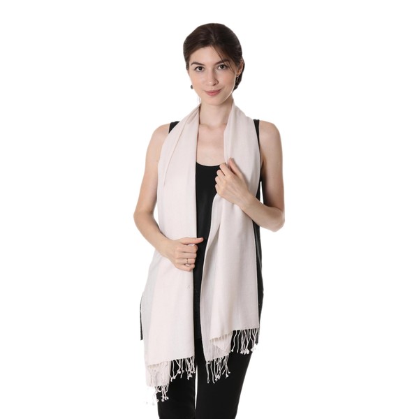 NOVICA Artisan Handmade Silk Wool Blend Scarf White Fringed from