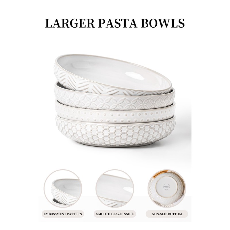 FOBENTA Embossed Ceramic Pasta Bowls, 42 oz Bowl Plates Set,9-Inch