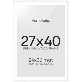 Homeforia White Poster Frame 27x40, High End Oak 27 x 40 Wood Picture Frame with Mat 24 by 36 for Photo, 27x40 Large Wooden Frame Matted to 24x36, 40x27 Thin Frames, Tempered Glass, Wall Kit, Set of 1