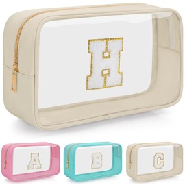OUUTMEE Personalisierte Kosmetiktasche mit Anfangsbuchstaben, transparent, Reise-Kosmetiktasche, wasserdichte Kulturtasche mit Reißverschluss für Teenager, Mädchen und Frauen(Beige, H)