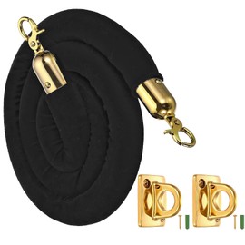 5 Foot Velvet Stanchion Rope with 2 Pcs Pcs Gold Large Loop Wall Plate Stanchions Safety Barriers for Event Movie Theaters Grand Opening Hotel (Black, 5 Foot)