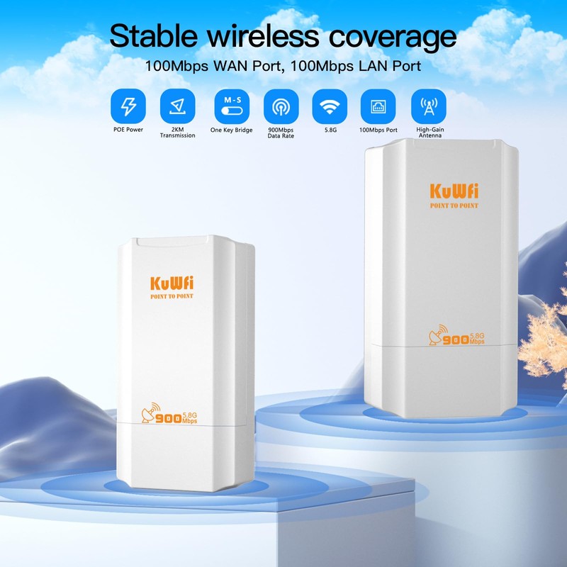 KuWFi Point to Point Wireless Bridge, 5.8G 900Mbps 2KM WiFi