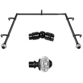 Bay Window Curtain Rods, USFOOK Black Curtain Rods for Bay windows 32 to 86 Inch (Center Rod), 32 to 58 Inch Side Rods for windows, Decorative Drapery Rods with Bling Finials