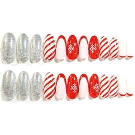 Candy Cane Sparkle Glossy Long Oval Press-On Nails - 24 Pieces - Artificial Nails - Christmas Nails