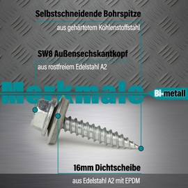 VOOXA Pack of 100 Thin Sheet Metal Screws 6.0 x 25 mm with EPDM Sealing Disc (Coarse Thread) Bi-Metal Stainless Steel A2 with Steel Tip SW8, ETA Approval - Chipless, Thread-Forming Drilling Screw