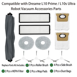 Replacement Parts for Dreame L10 Prime / L10s Ultra Robot Vacuum 1 Main Brush 4 Side Brush 2 Filter 2 Mop Cloth 2 Dust Bag Accessories