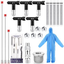 Threlaco 17 Pcs Airless Paint Sprayer Gun Set Airless Spray Gun Hose 5 Types Nozzles 3 Sizes Extension Pole 5 Airless Spray Gun Mesh Filters Spray Gun Adapter Cleaning Kit Sprayer Protective Clothing