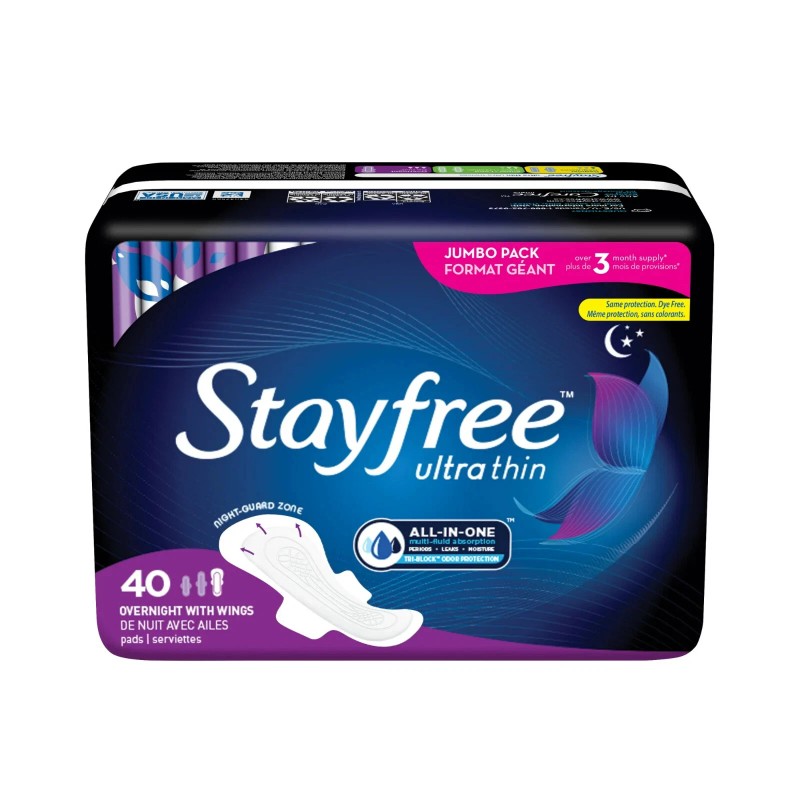 Branded Stayfree Ultra Thin Overnight Pads with Wings, 40 Ct