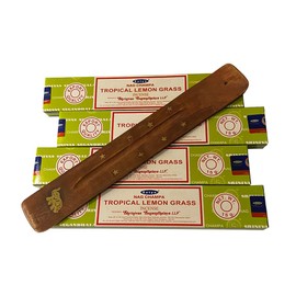 Satya Incense Sticks, 4 Packs x 15g, with Incense Holder, Tropical Lemon Grass