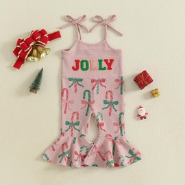 Rarjuiey Toddler Baby Girl Christmas Outfit Candy Cane Jumpsuit Spaghetti Strap Jolly Romper Bell Bottoms Outfits (M Jolly Candy cane Bow Pink, 0-6 Months)