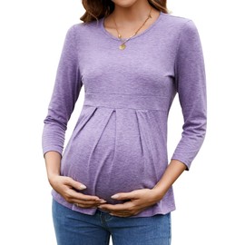 Sosolism Women's Maternity Tops 3/4 Sleeves Front Pleat Maternity Shirts Crew Neck Pregnancy Tunic Tops, A1 Purple