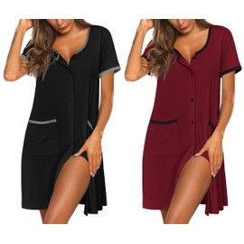 Ekouaer Nightgowns for Women 2 Pack Button Down Sleep Shirts Short Sleeve Nightshirt Sleepwear House Dress with Pockets Black/Wine Red Large