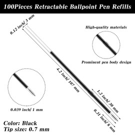 100 Stück Kugelschreiber Minen 1,0mm Einziehbare Stift Nachfüllungen Schwarz Kugelschreiber Ersatzminen 107mm Länge Kugelschreiberminen Schwarz Kugelschreibers Tinte für Büro Schule Zuhause