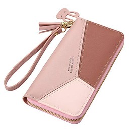 FATASH Women’s Tri-Color Leather Wallet | RFID Blocking Long Purse with Zipper Closure Pocket | Elegant Phone, Card Holder & Coin Pouch | Slim, Stylish Designer Travel Clutch for Daily Use - Pink