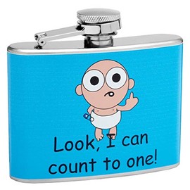 Hip Flask Gift Set with Refill Funnel and 2 Stainless Steel Shot Glasses - I Can Count To One Design - Blue Wrapped Vinyl Finish - 4 oz Flask - Gift Box Included