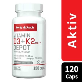 Body Attack Vitamin D3 + K2 Depot, 120 Capsules - Only 1 Capsule per Week, High Dose, Vitamin D3 5600 I.E. 140 mcg, Vitamin K2 MK-7 100 μg, for Muscles and Bones, Vegan