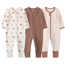 O2 BABY Organic Cotton Baby Footless Pajamas, Zip Front Baby Boys Girls Romper, Long Sleeve Sleep and Play (0-3 Months, Bear&Oatmeal&Brown)