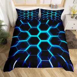 Honeycomb Single Bedding Sets for Boys Kids Black Teal Blue Hexagon Geometrical Duvet Cover,3D Geometric Beehive Pattern Hexagonal Comforter Cover Neon Lights Glowing Bed Set Ultra Soft Room Decor