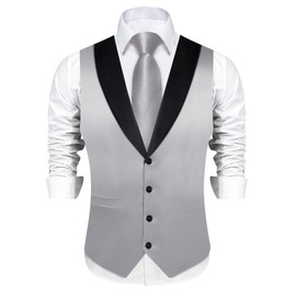 DiBanGu Mens Shiny Satin Vest Tie Set 8PCS Solid Waistcoat and Pre-tied Bowtie Shawl Collar Dress Vest for Wedding Formal, Silver, Medium