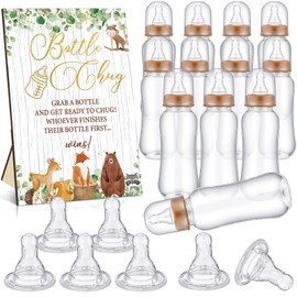 TrelaCo Woodland Animal Cool Baby Shower Games Bottle Chug Sign Wooden Woodland Baby Gift Sets Gender Reveal Party Favors and 12 Pcs Baby Bottle Shower Favor Baby Bottles for Gender Reveal
