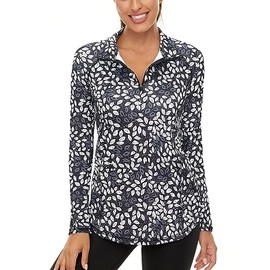 LURANEE Womens Workout Tops,UPF 50+ Long Sleeve 1/4 Zip Pullover Athletic Hiking Running Workout Tops White Leaf Black 2XL