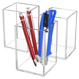 AITEE Clear Acrylic Pen Holder: 3 Pieces Pencil Holder Desk Organizer Square Pen Pot Makeup Brush Holder for Office School Household Supplies (3 x 3 x 4.3 inches)