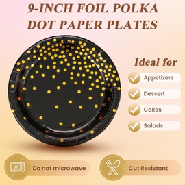 150 PCS Black and Gold Paper Plates Napkins Forks Set Party Supplies Serves 50, Golden Dot Disposable Paper Dinnerware 9" Plates for Birthday, New Years Eve, Graduation, Retirement Party, Anniversary