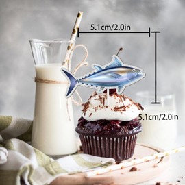 18pcs Glitter Fish Dessert Cupcake Topper Let’s Go Fishing Retirement Theme Decorations Men Women Happy Birthday Party Decor Supplies