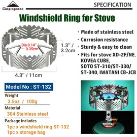 CAMPINGMOON Gas Stove Windshield Ring Stainless Steel for ST-340 Single Burner ST-132 (Silver)