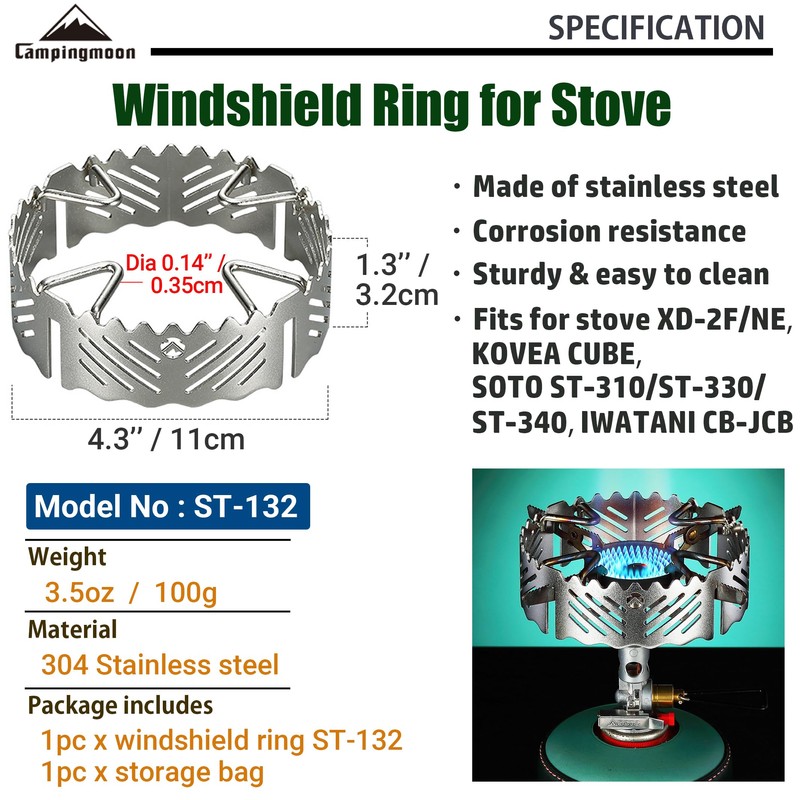 CAMPINGMOON Gas Stove Windshield Ring Stainless Steel for ST-340 Single