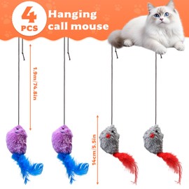 Gaomoeny Pack of 4 Cat Toys Self-Employment Door Frame, Hanging Interactive Cat Toy Mouse Elastic Feather with Squeaky Sound, Cat Toys for Running and Boredom