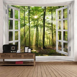 Mesnt Tapestry Nature Forest, White Window with Natural Forest Landscape Outdoor Tapestries Wall Art for Bedroom Living Room, 240 x 220 cm